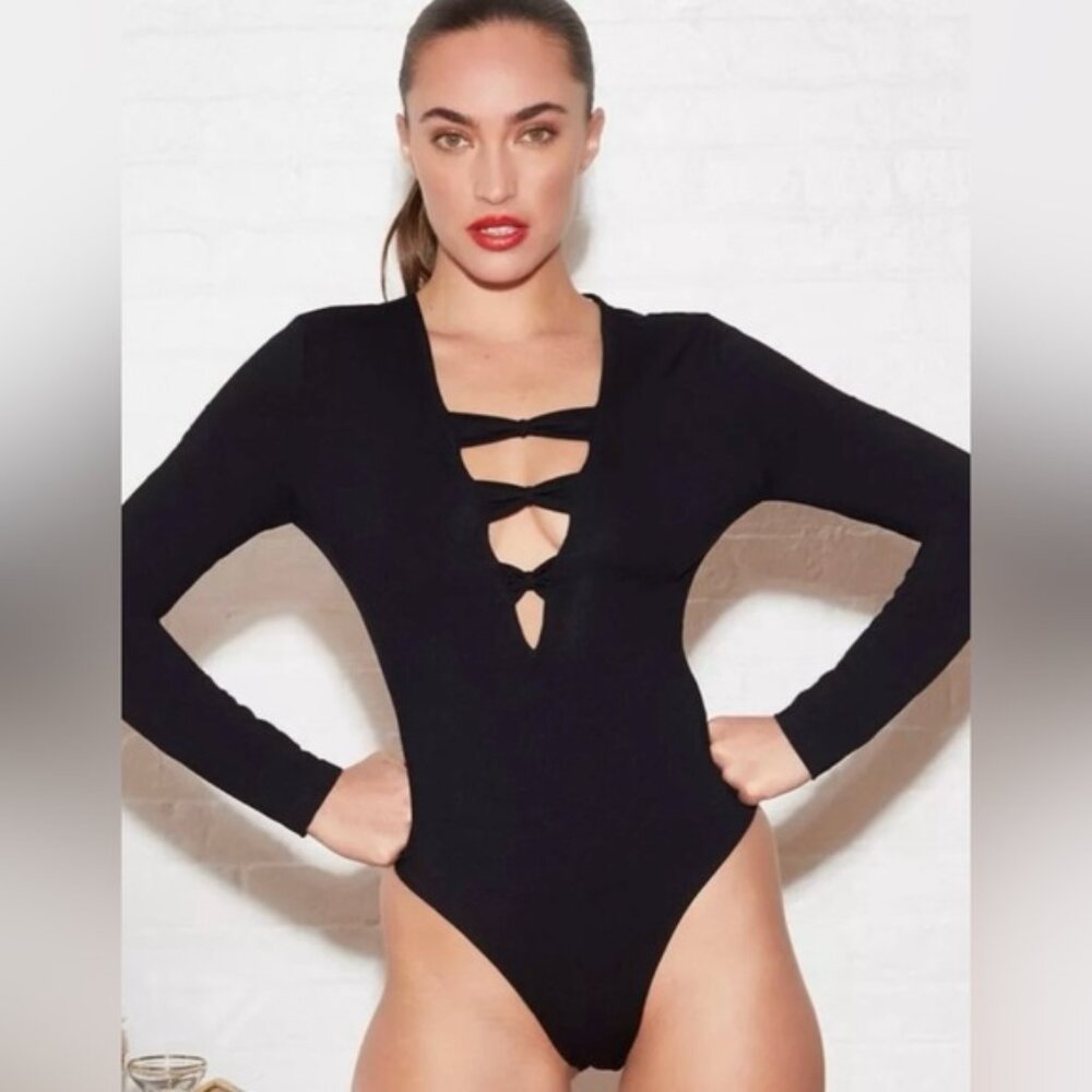 Black Fleur du Mal Deep V Bow Bodysuit